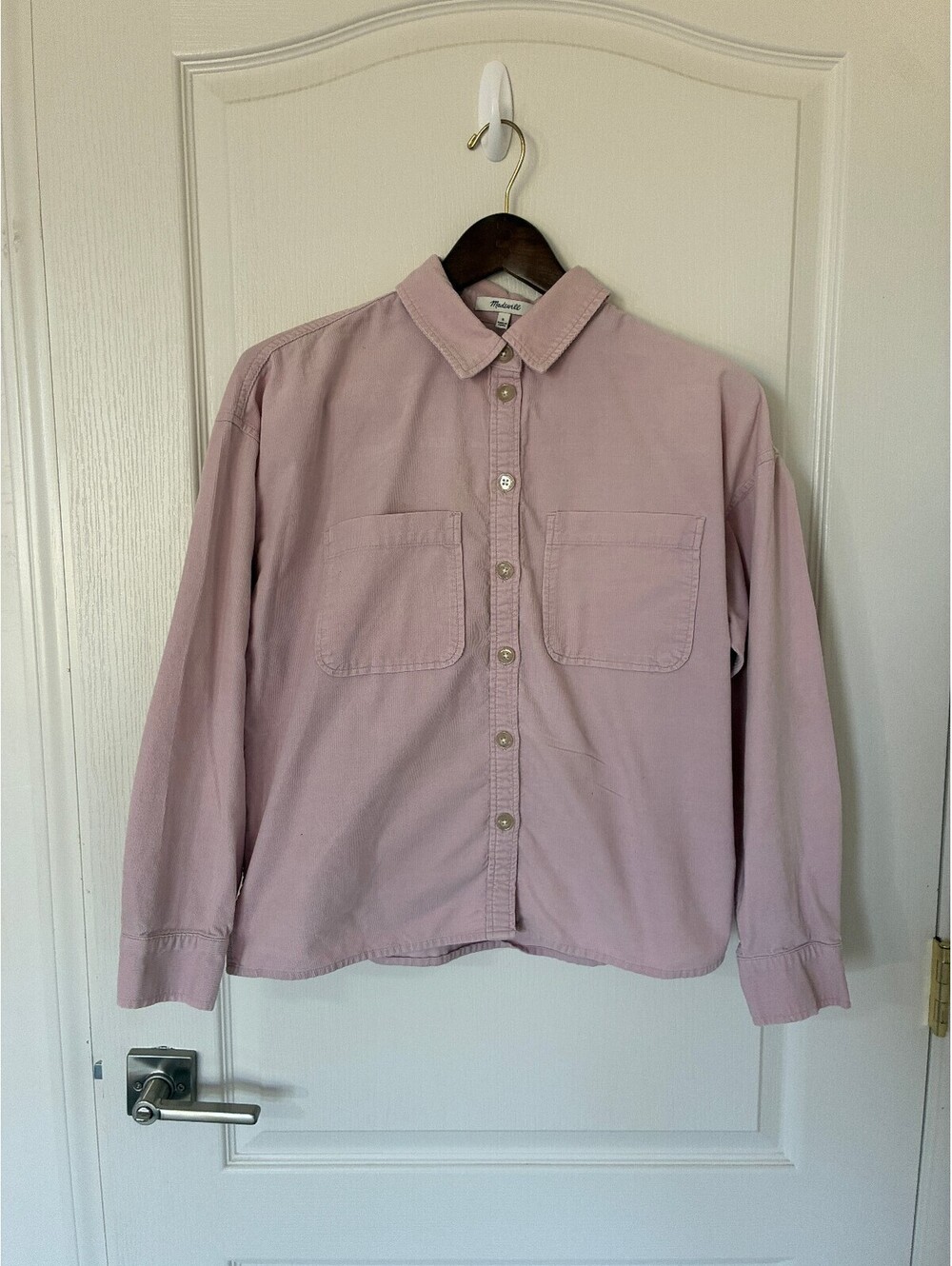 Madewell Women's small pale pink corduroy button up shirt boxy cropped preppy